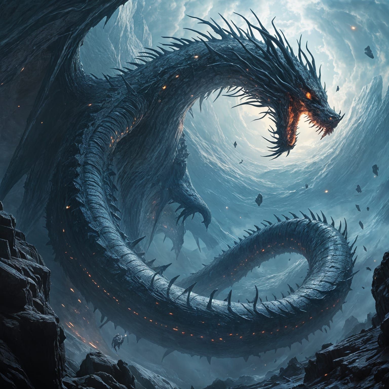 Colossal ancient dragon, titanic wyrm of gravity and stone, body coiled like tectonic rings unraveling through the sky. ...