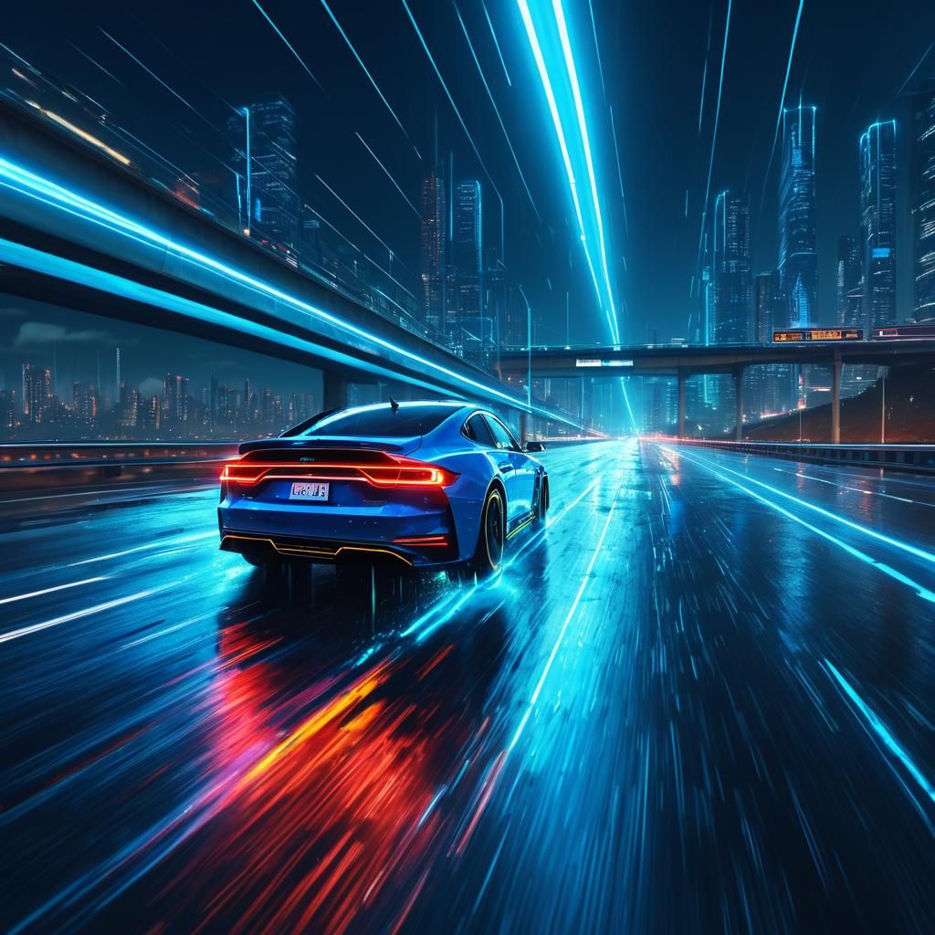 Neon Car Speeds Down Electric Highway