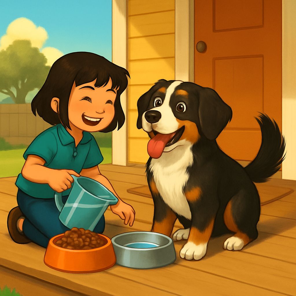 Girl Cares for Dog on Porch with Warm Smile