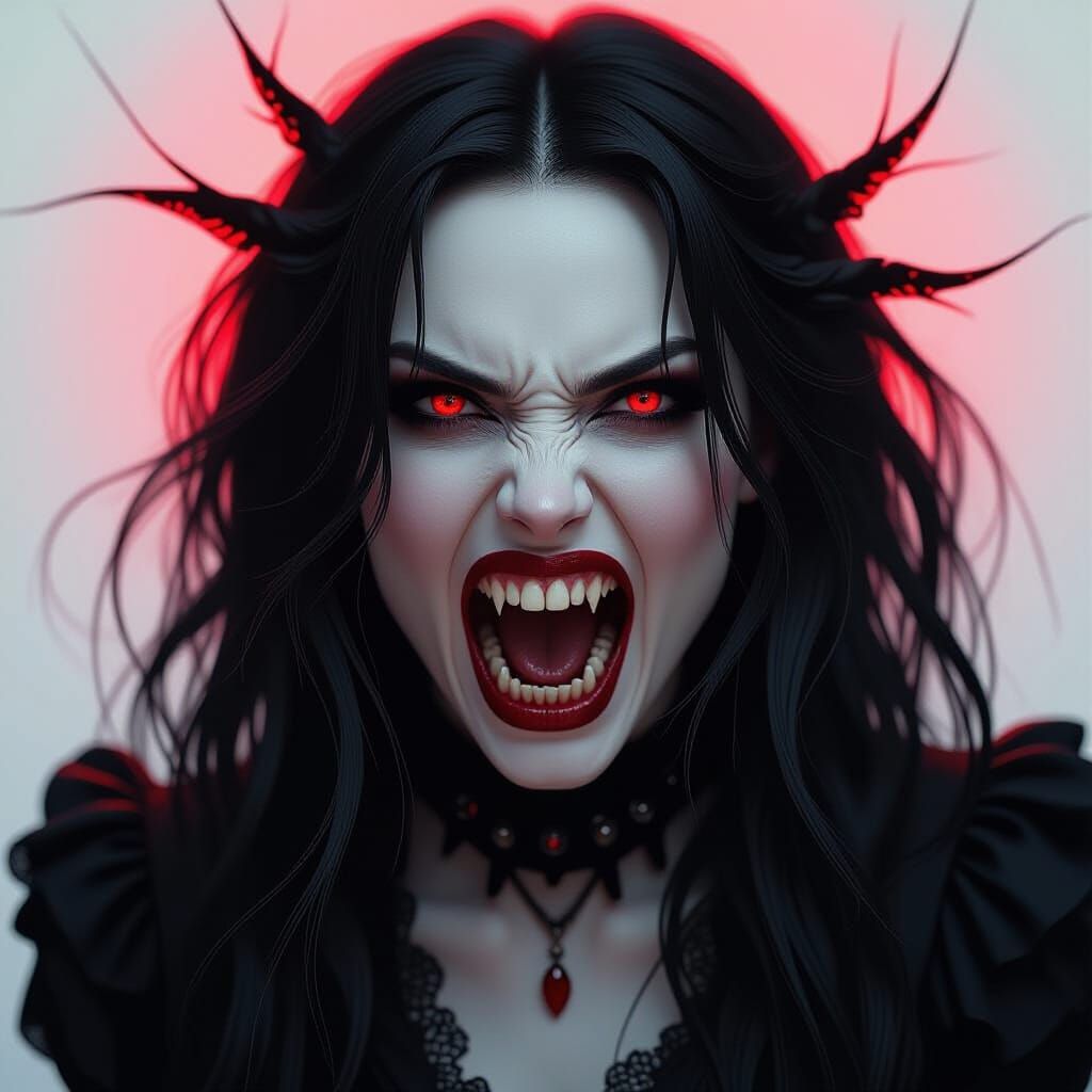 Haunting Spectral Woman Roaring with Sharp Teeth in Dramatic...