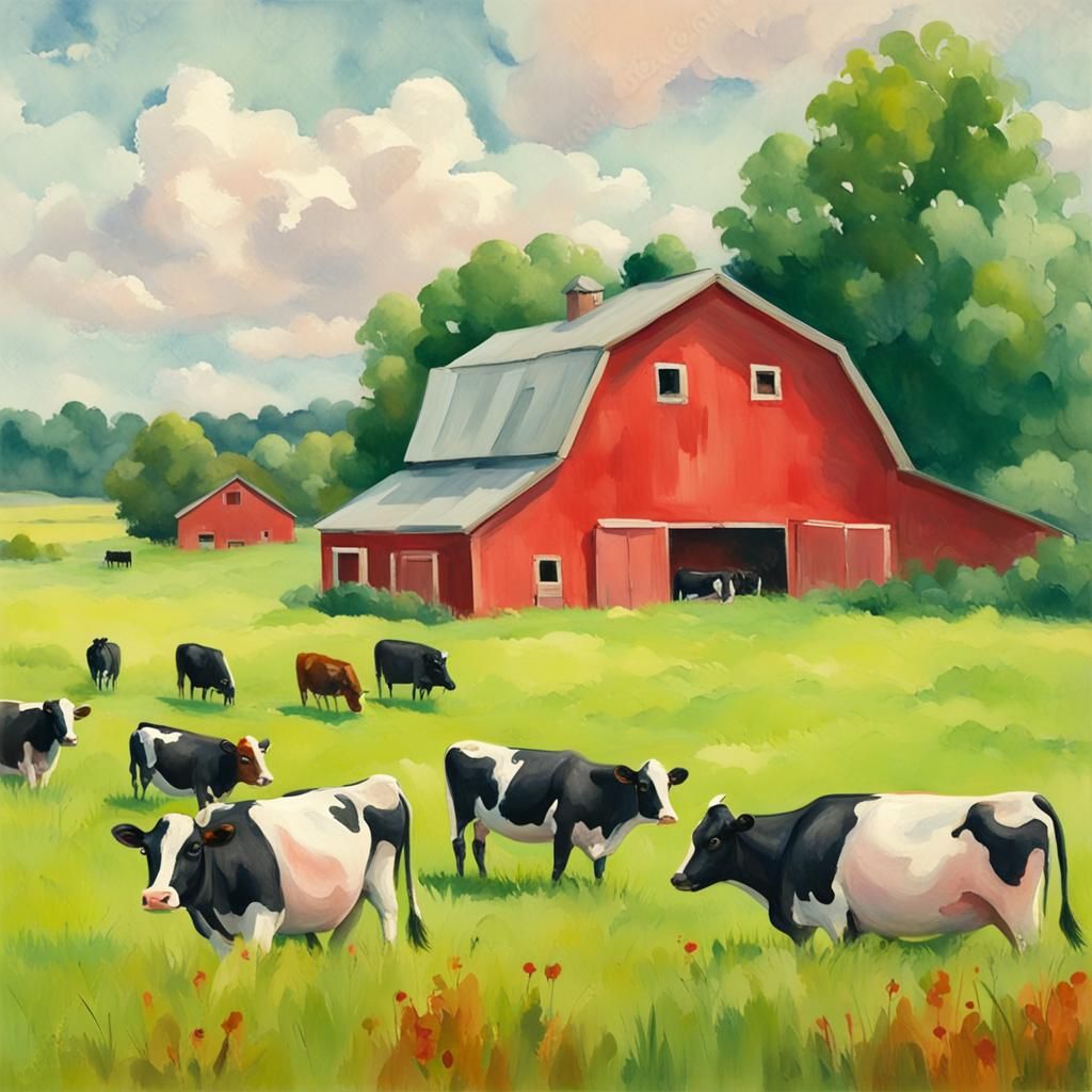 Cows Grazing in Field: Impressionist Gouache Painting
