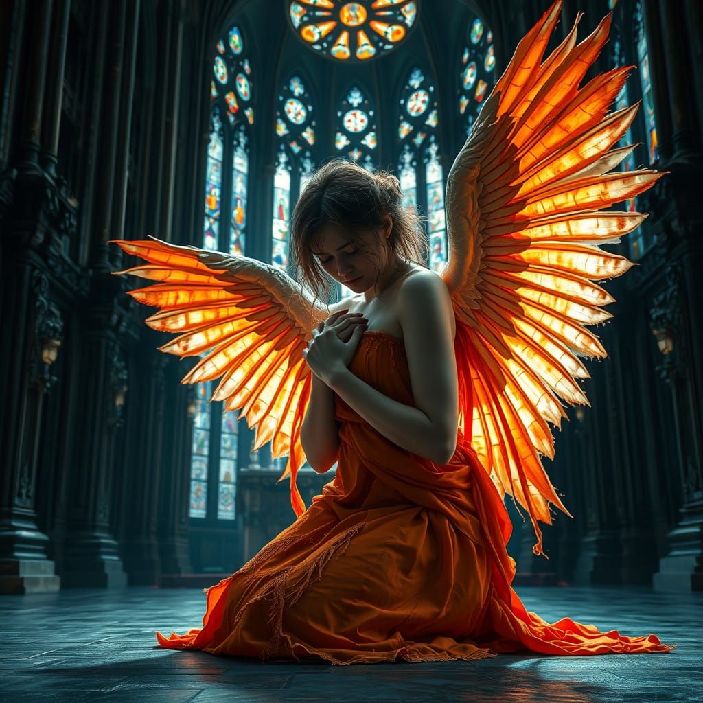 Sorrowful Angel Before Gothic Altar in Hyper-Realistic Gothi...