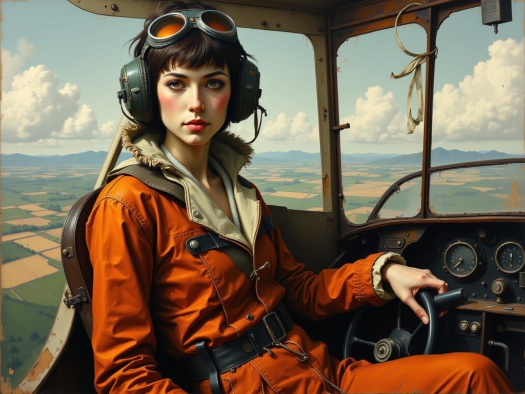 Aviator Woman in Vintage Biplane, Moody Contexture