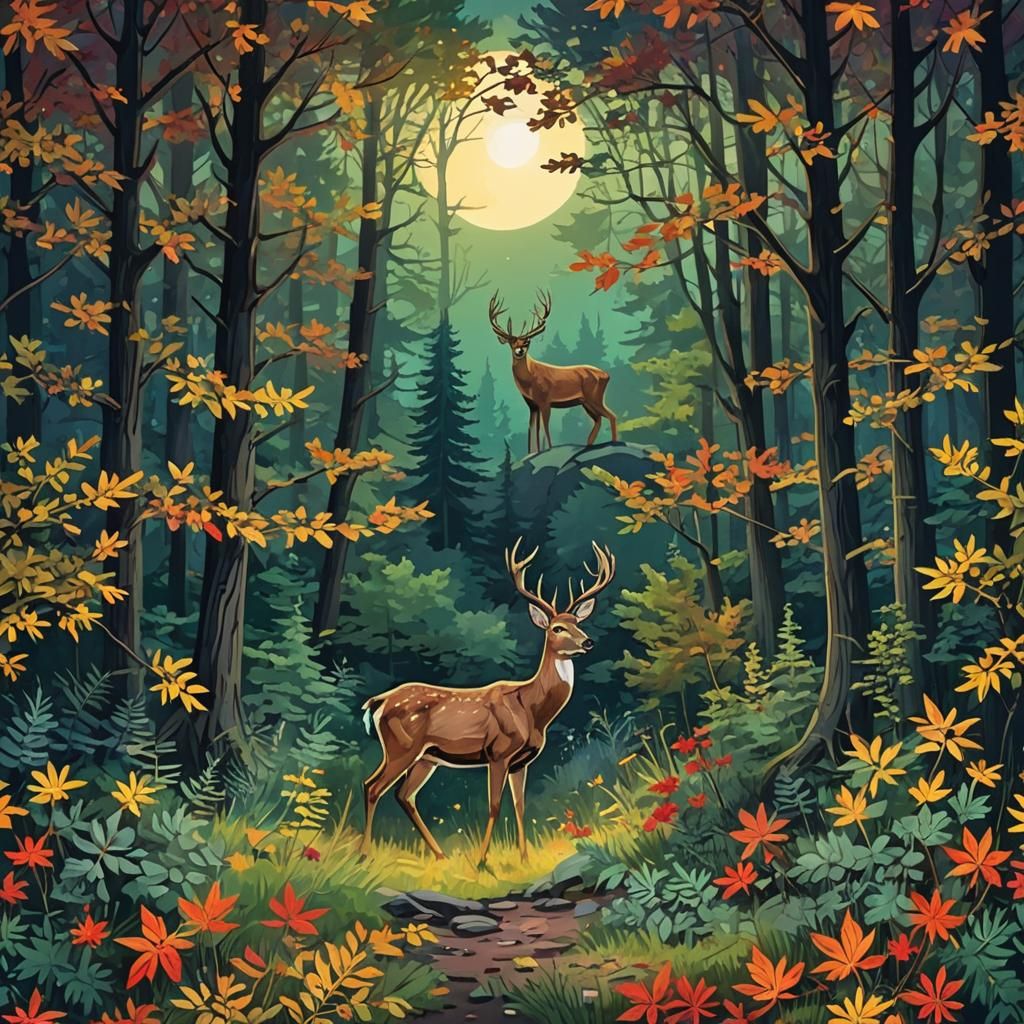 summer forest, deer, wild rosebush,  fir tree, rays of full moon shining through branches, autumn leaves on ground, vivi...
