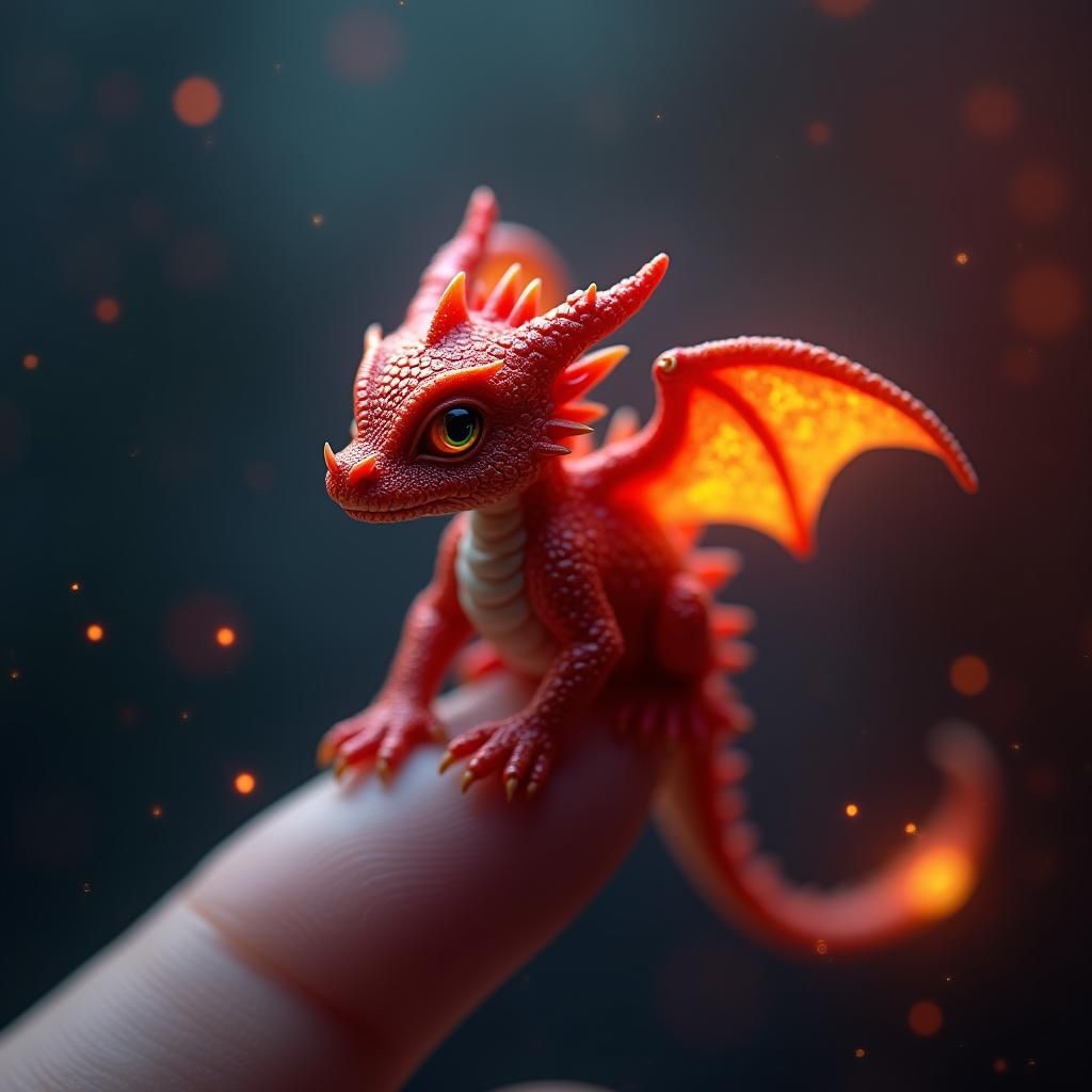 Fiery Miniature Dragon Perched on a Finger