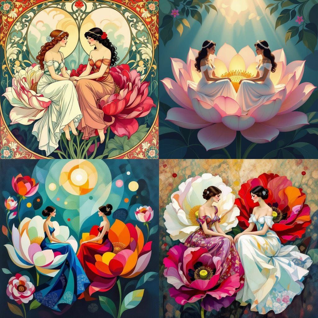 Two Ladies Seated on Flowers in Abstract Complementary Color...