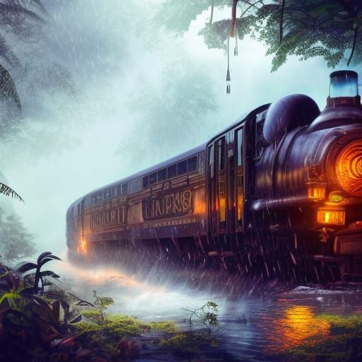 Steampunk Train Braving Jungle Storm: Fantasy Concept Art