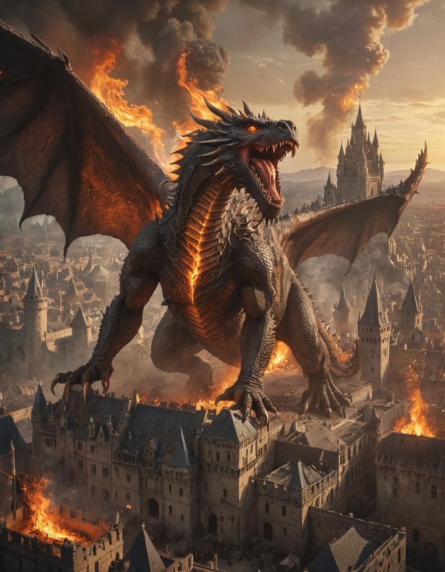 Colossal Dragon Unleashes Fire in Dark Fantasy Illustration