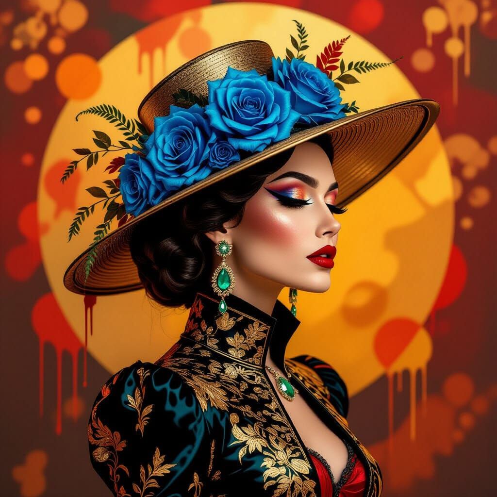 Transgender Woman Portrait With Metallic Hat and Blue Roses