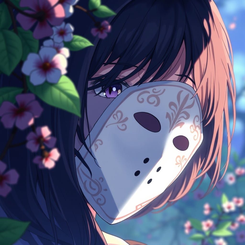 Girl Hiding Behind Elegant Mask in Vibrant Studio Ghibli Sty...