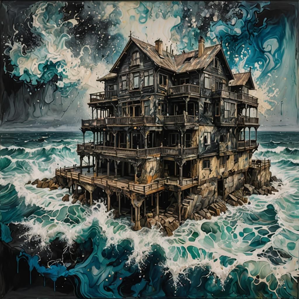 Floating Oceanic Abode in Pollock-Inspired Mid Century Style