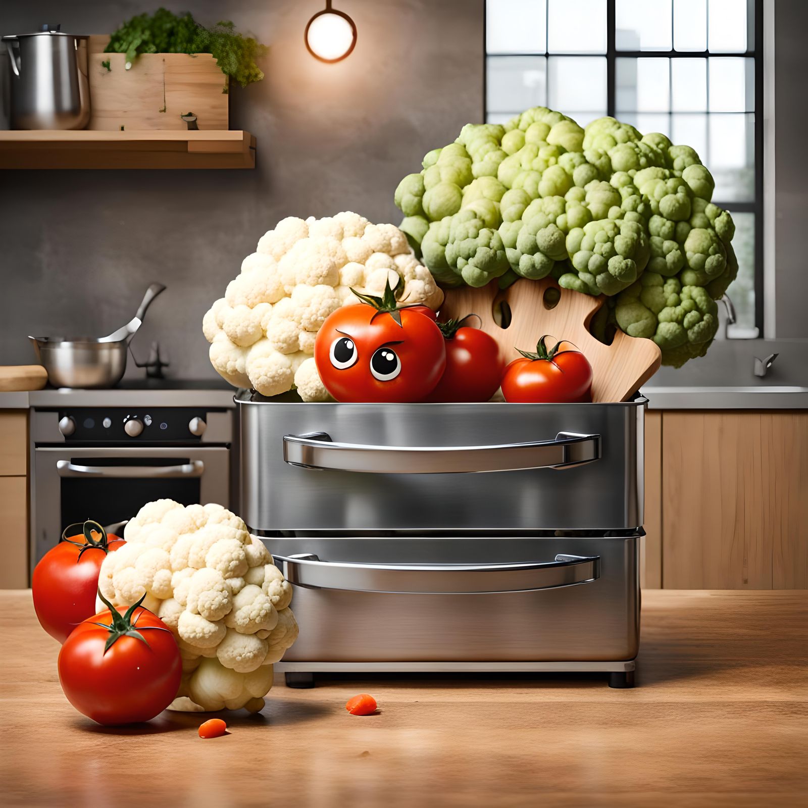 Chibi Tomato and Cauliflower in Steel Kitchen