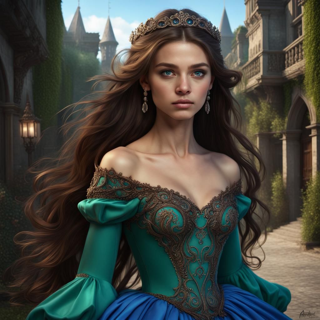 Teenage Girl with Green Eyes in Blue Ballgown
