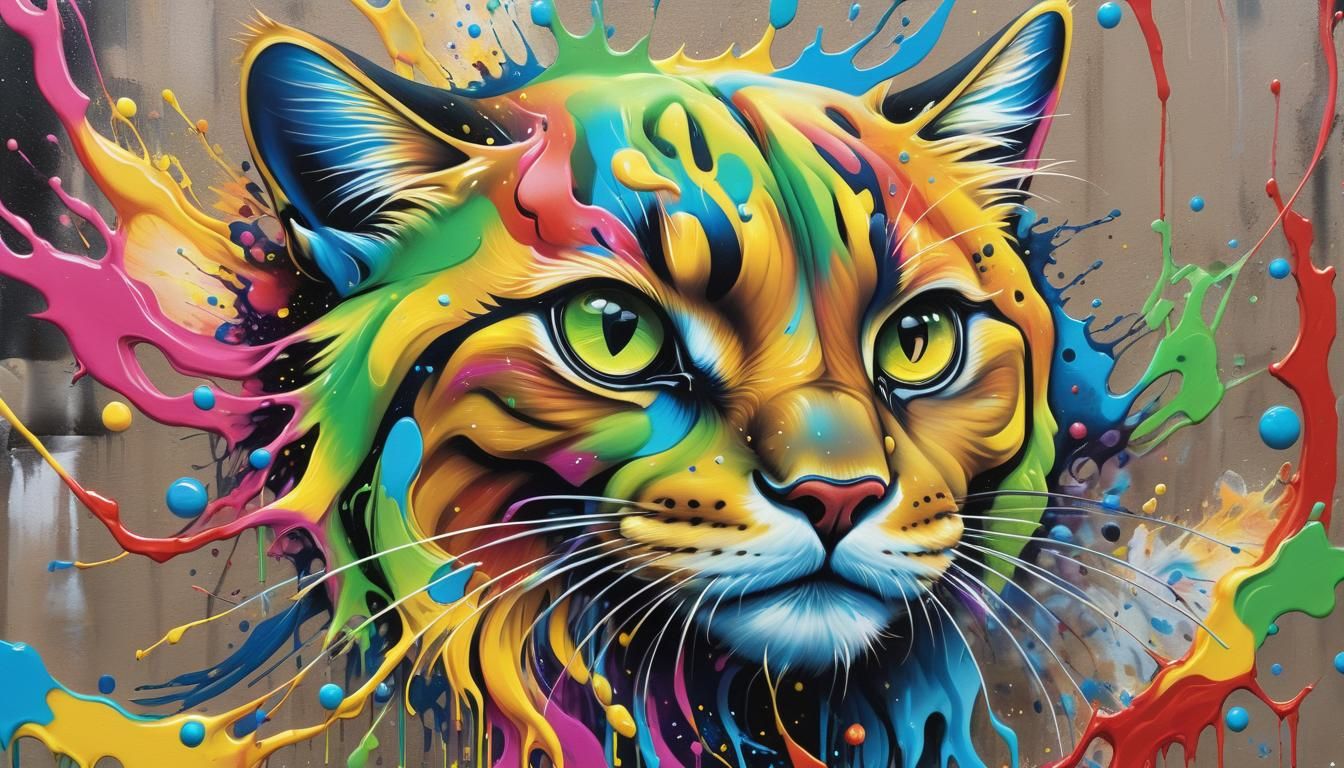 Surreal Rainbow-Golden Cat in Abstract Graffiti Art Style
