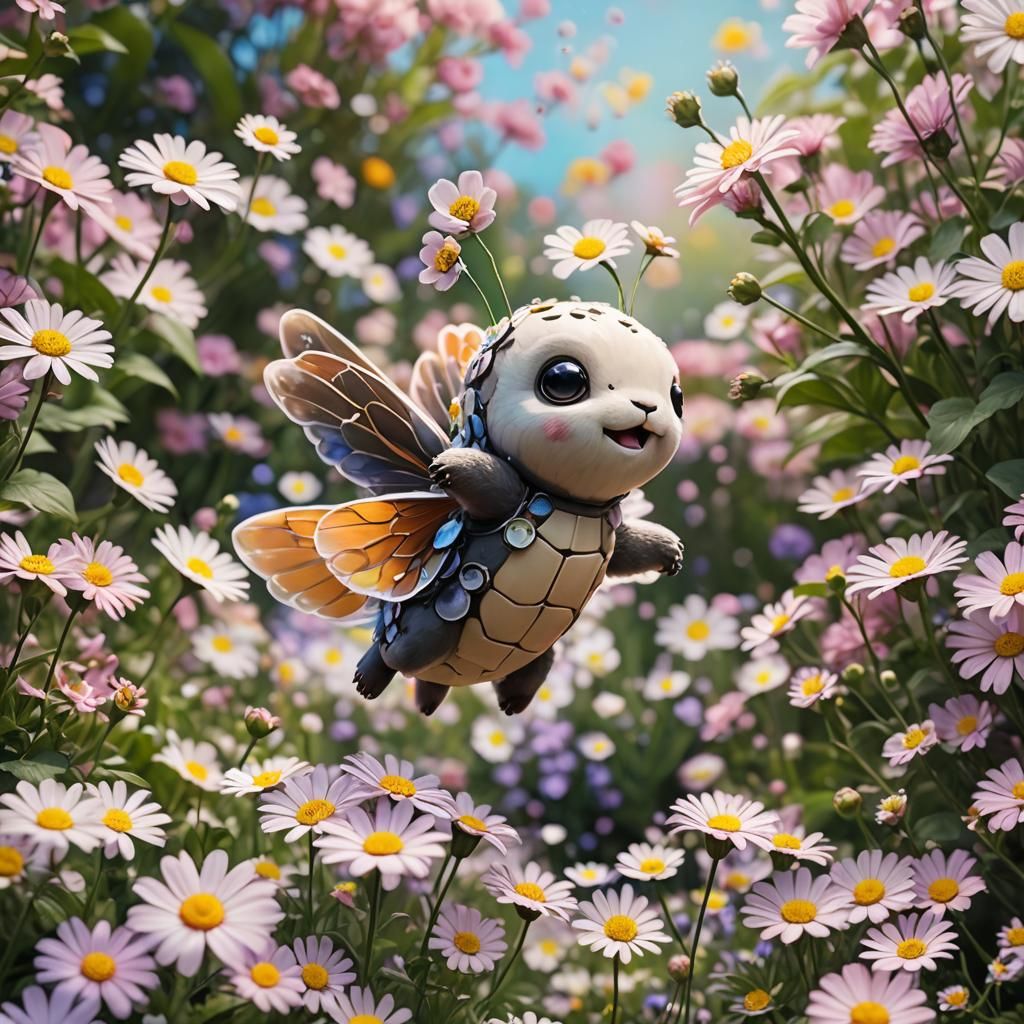 Realistic Kawaii Creature Glides Through Vibrant Floral Scen...