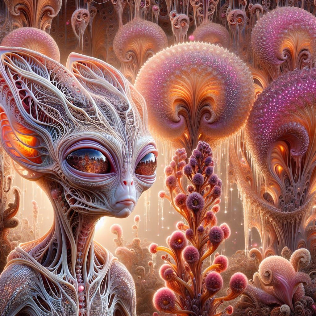 Detailed Alien Baby in a Mystical Garden Landscape