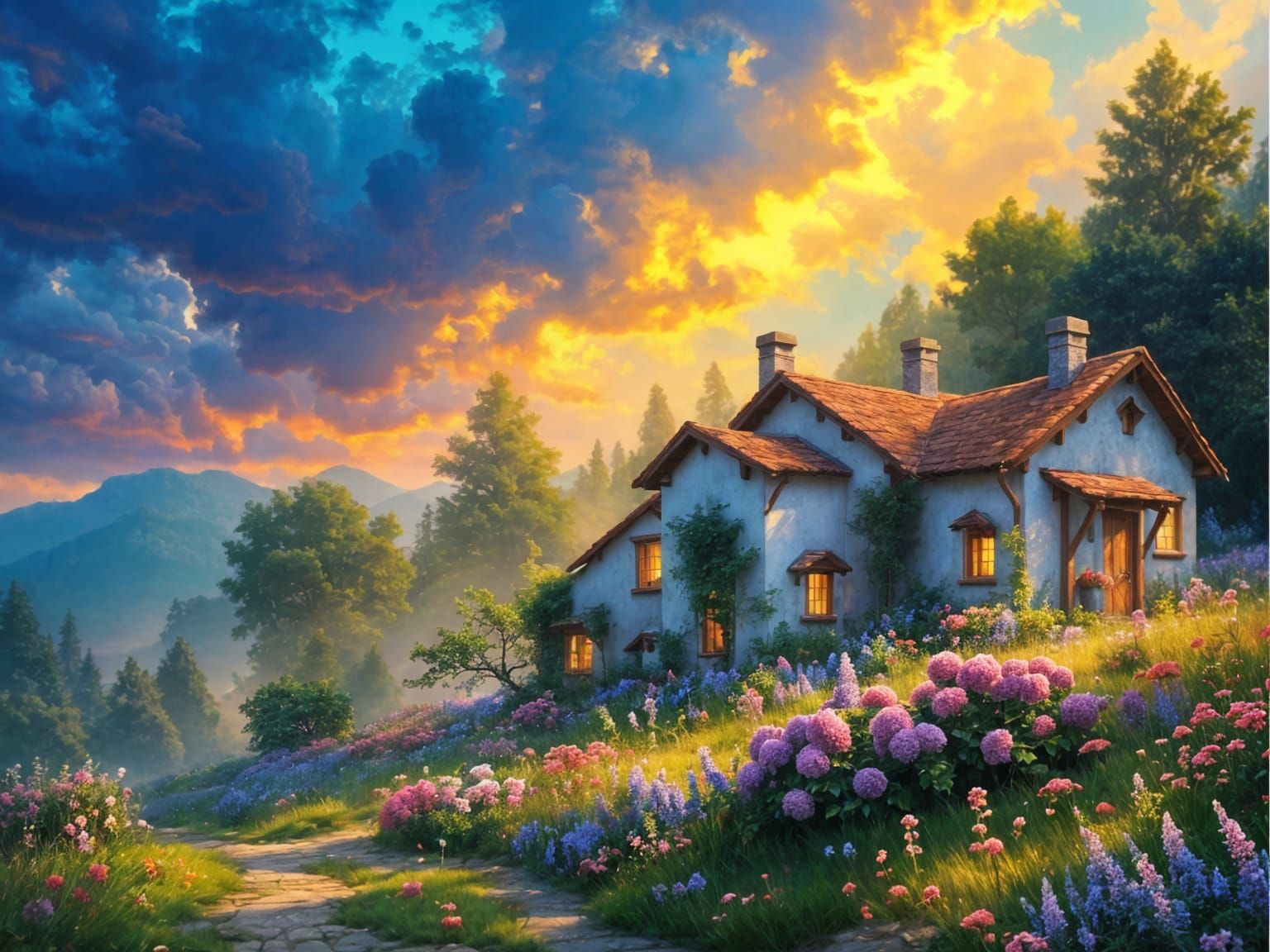 Whimsical Twilight Cottage Scene in Dreamy Painterly Style