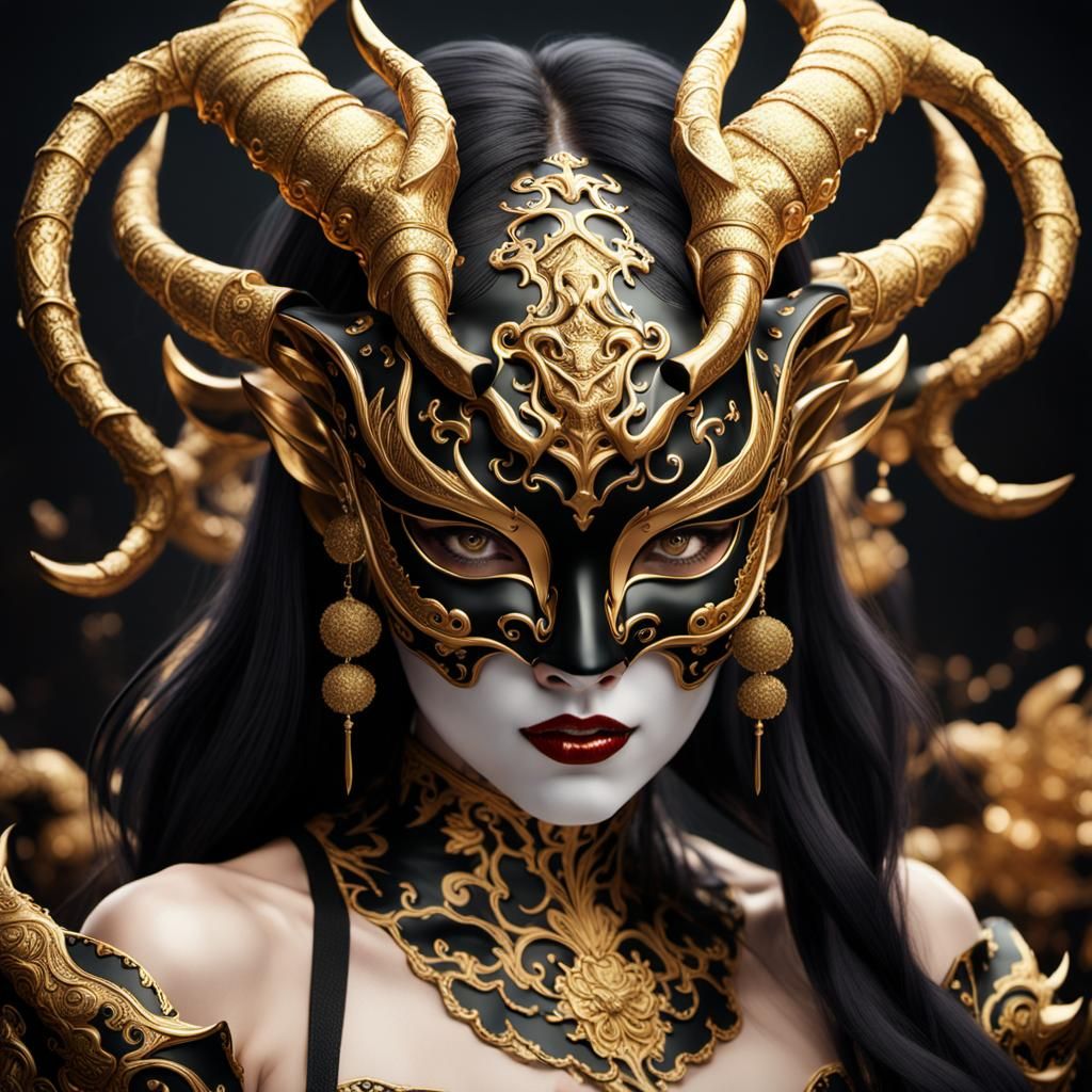 Demonic Porcelain She-Devil in Gold and Black Mask