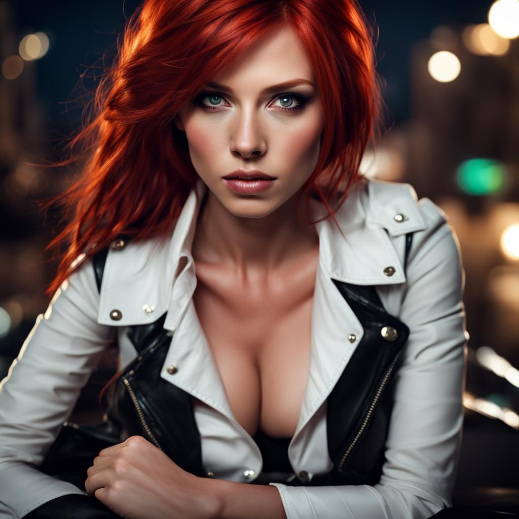 Red Haired Beauty in Black Leather Portrait