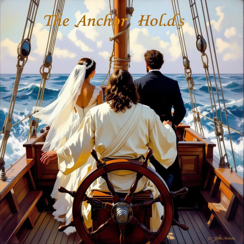 Jesus Christ driving a boat with his hands on the steering w...