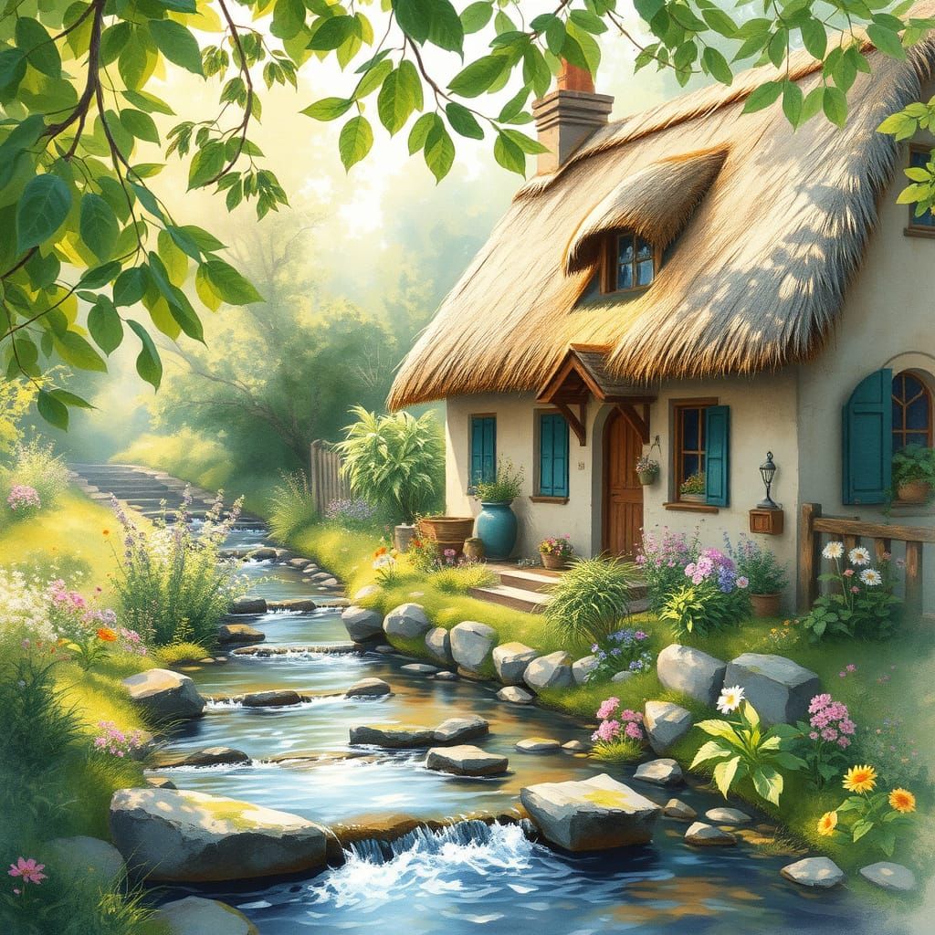 Pastel Watercolor Cottage by a Stream
