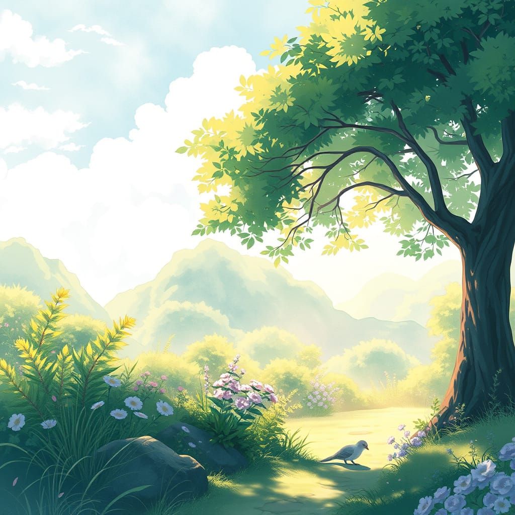 Whimsical Anime Landscape with Watercolor Textures and Paste...