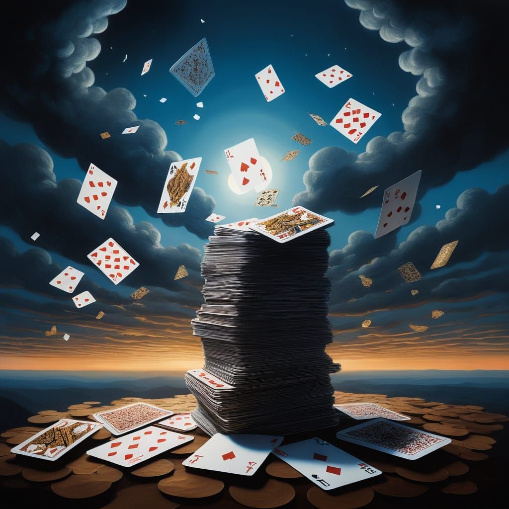 Surreal Cloudscape with Cascading Playing Cards