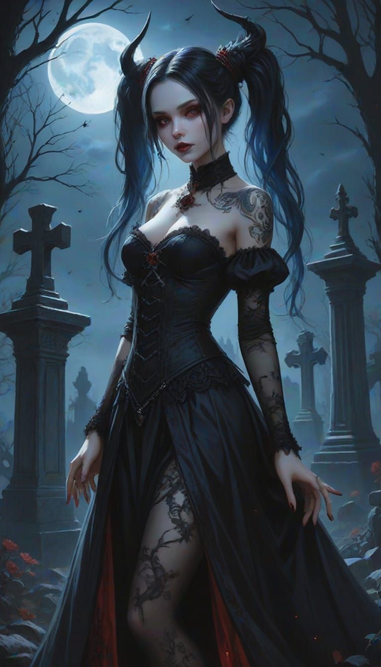 Gothic Vampire Heiress in Moonlit Graveyard