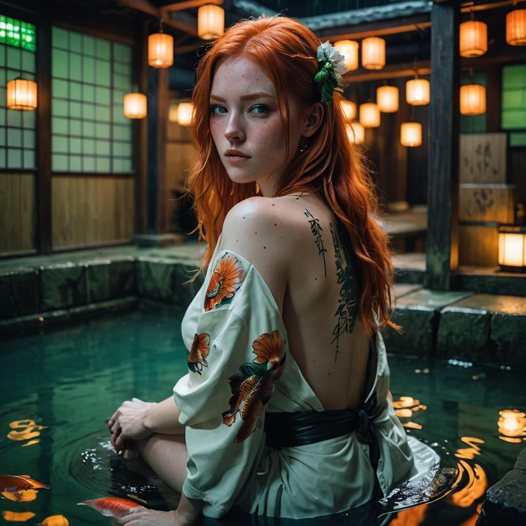 Cyberpunk Redhead with Neon Koi Tattoo