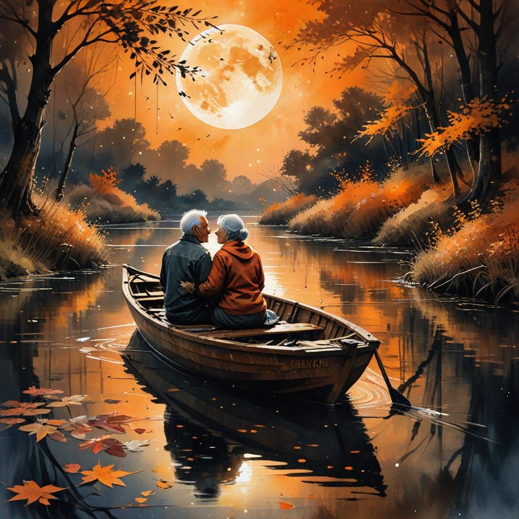 Elderly Couple in Boat: Sumi-e Watercolor