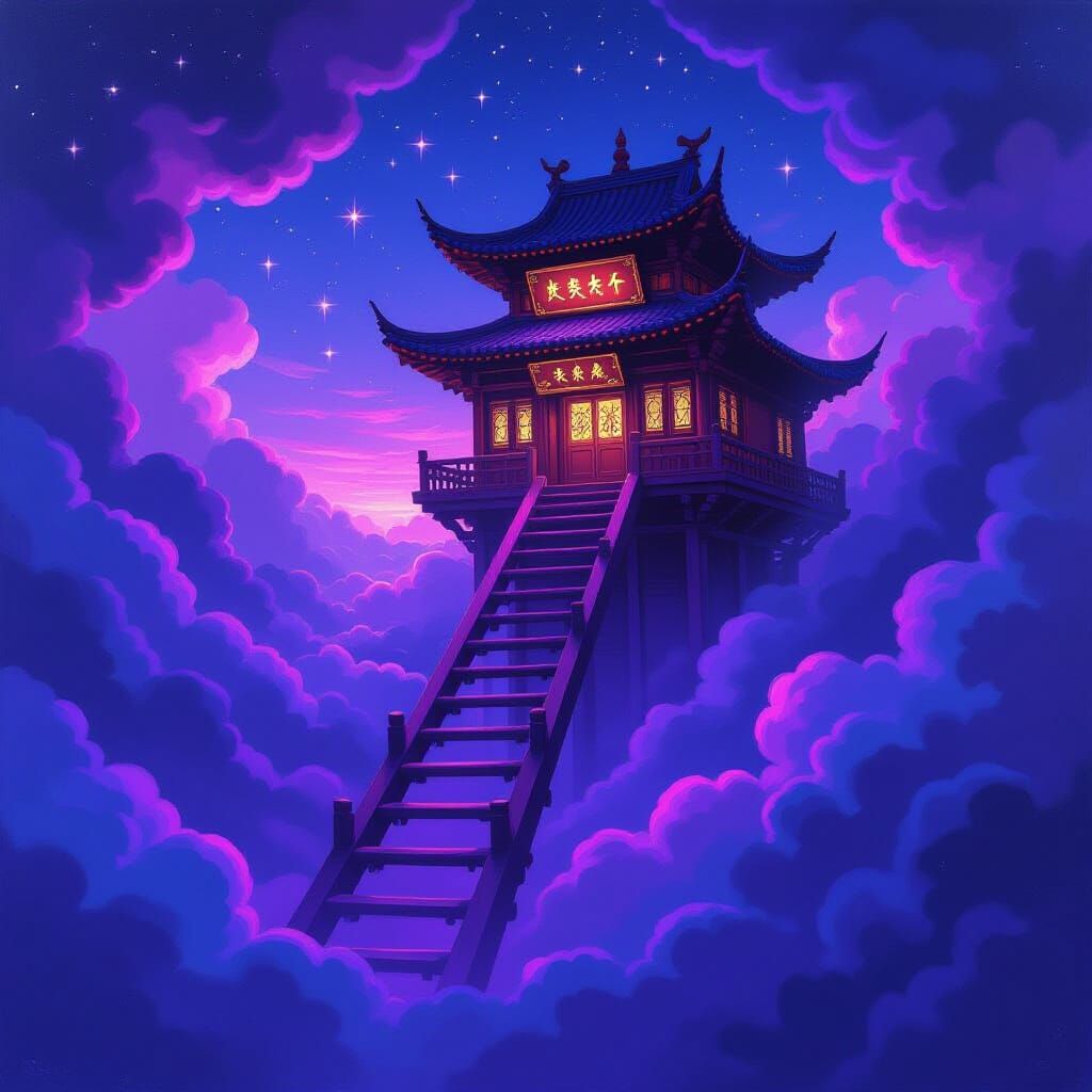 Chinese Celestial Ladder in Neon Purple Light, Impasto Oil P...