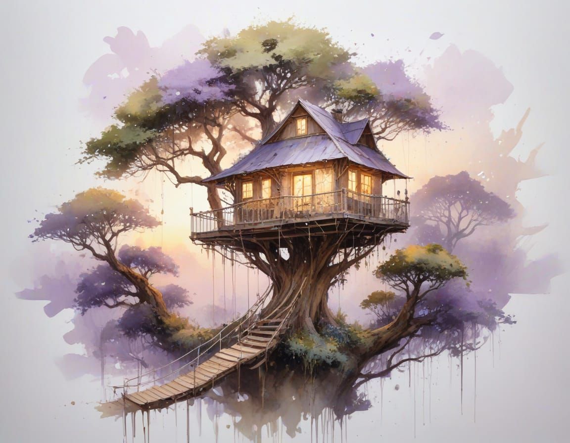 Crystal Roof Treehouse in Ancient Oak Twilight Watercolour