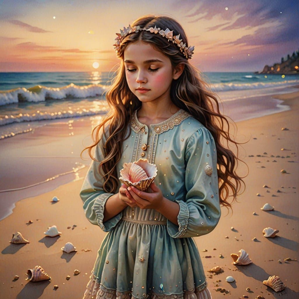 Girl with Seashell on Beach in Watercolor Style