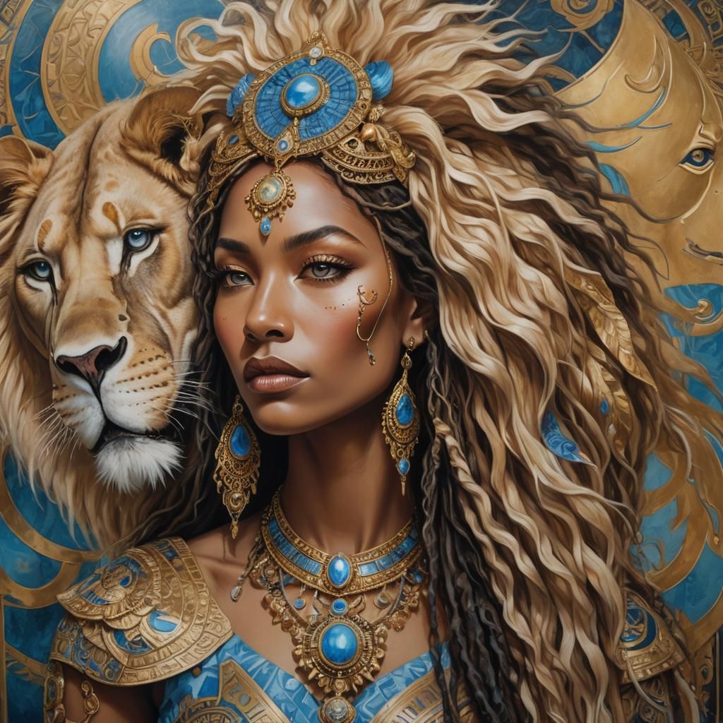 Ethnic Fusion: Woman and Lion in Surrealist Style