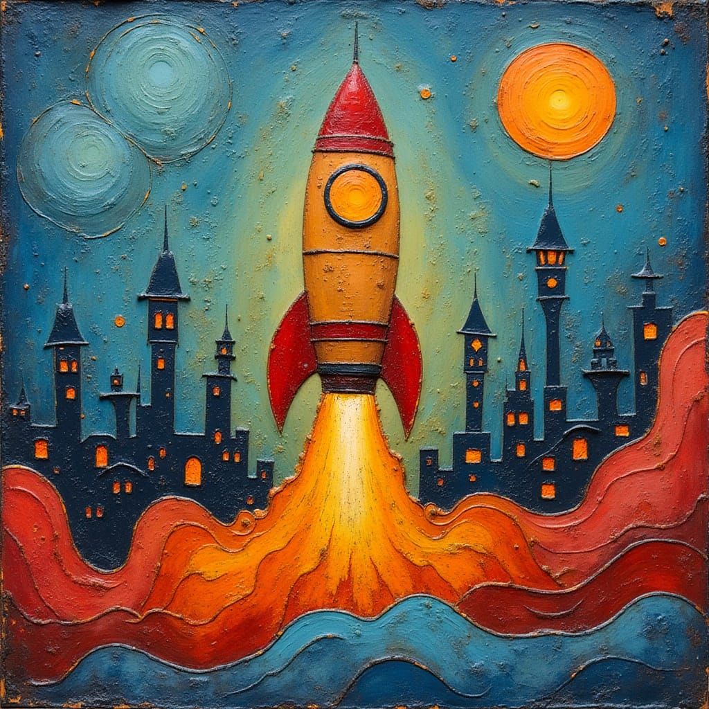 Naive Encaustic Rocket Ascending with Vibrant Colors