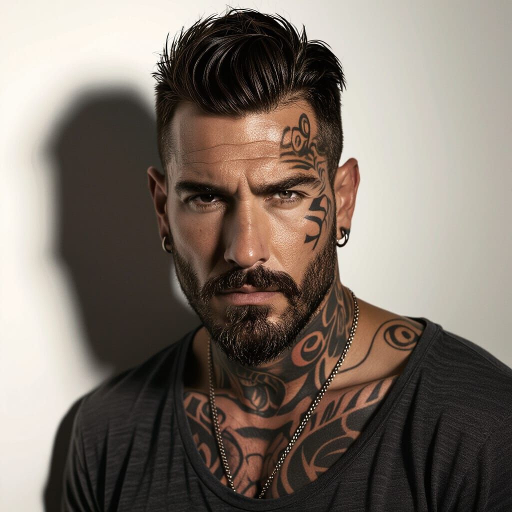 Rugged Man with Facial Tattoos in Chiaroscuro Style
