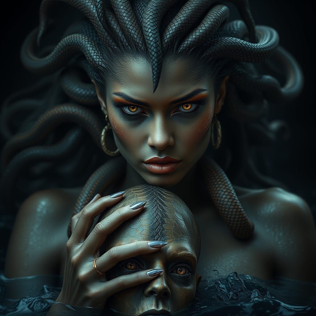 Powerful Siren with Snake Hair in Deep Ocean