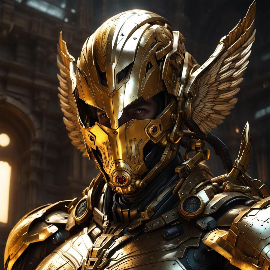 Golden Cybernetic Superhero with Angel Wings