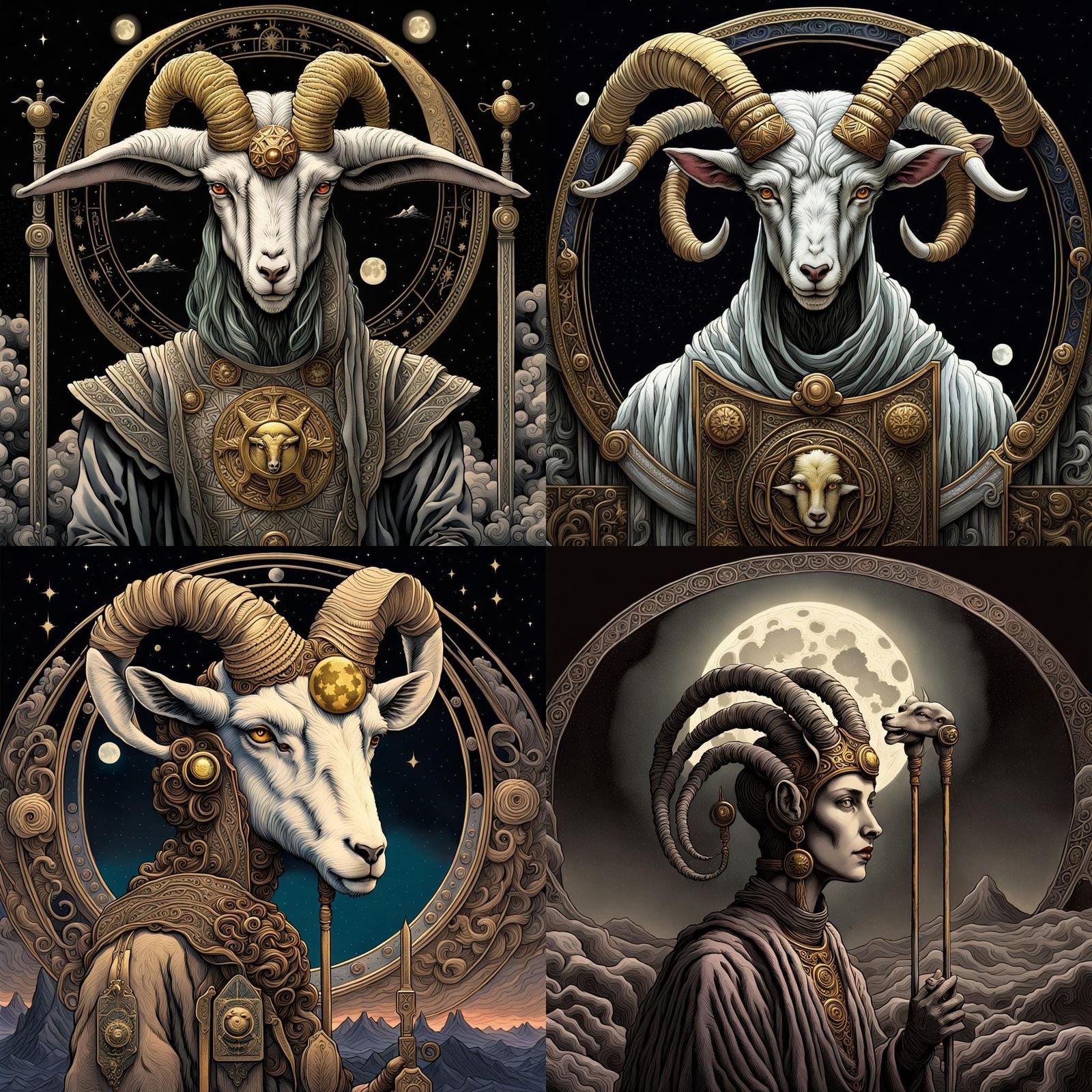 Tarot card representing Aries woman with goat head tool, wit...