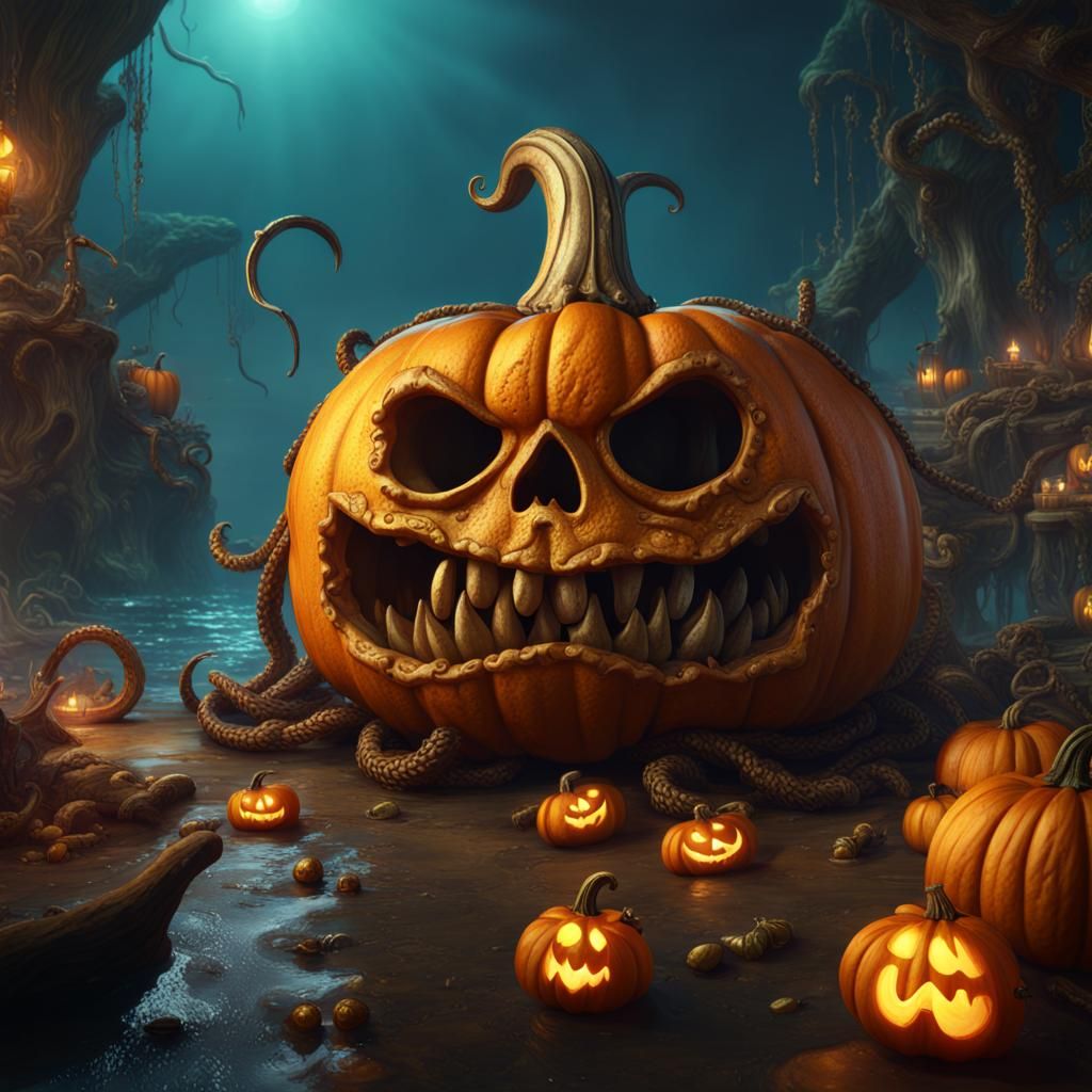 Pumpkin Kraken Guarding Pirate Treasure: Matte Painting