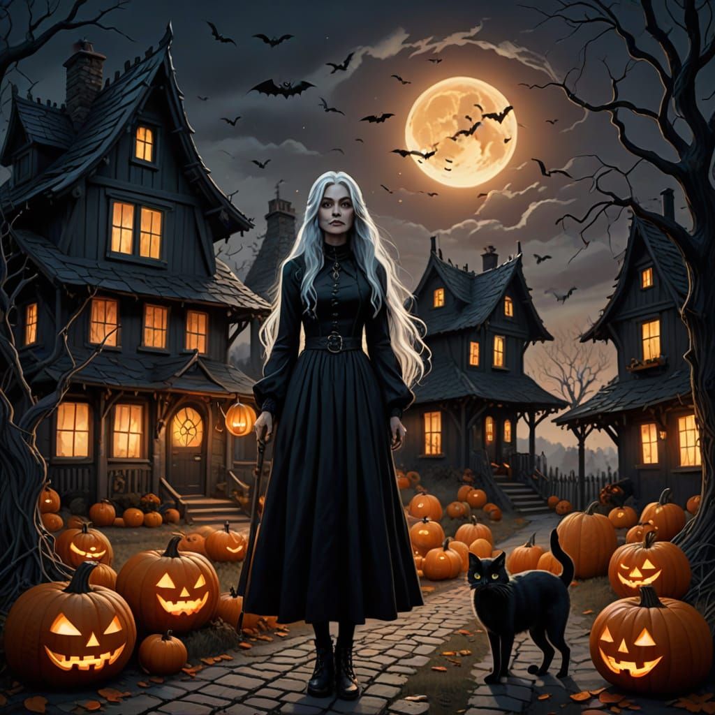Eerie Witch at Dusk with Glowing Pumpkins