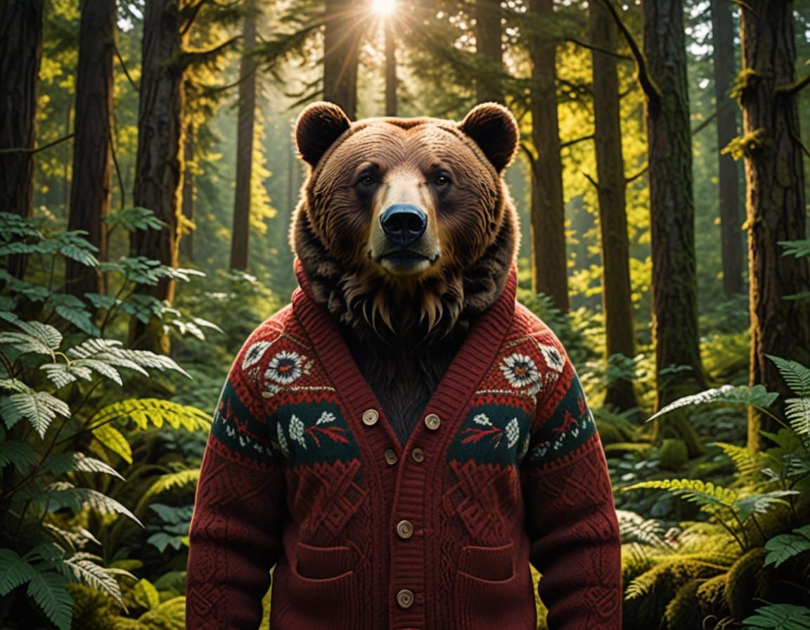Majestic Kodiak Bear in Whimsical Solarpunk Forest