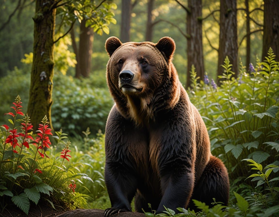 Serene Kodiak Bear in Cozy Red Cable-Knit Cardigan