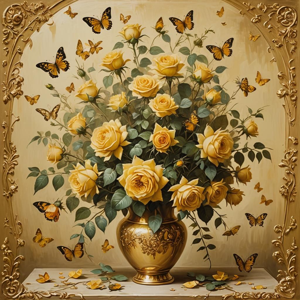 Yellow Roses and Golden Butterflies in Pre-Raphaelitism Styl...