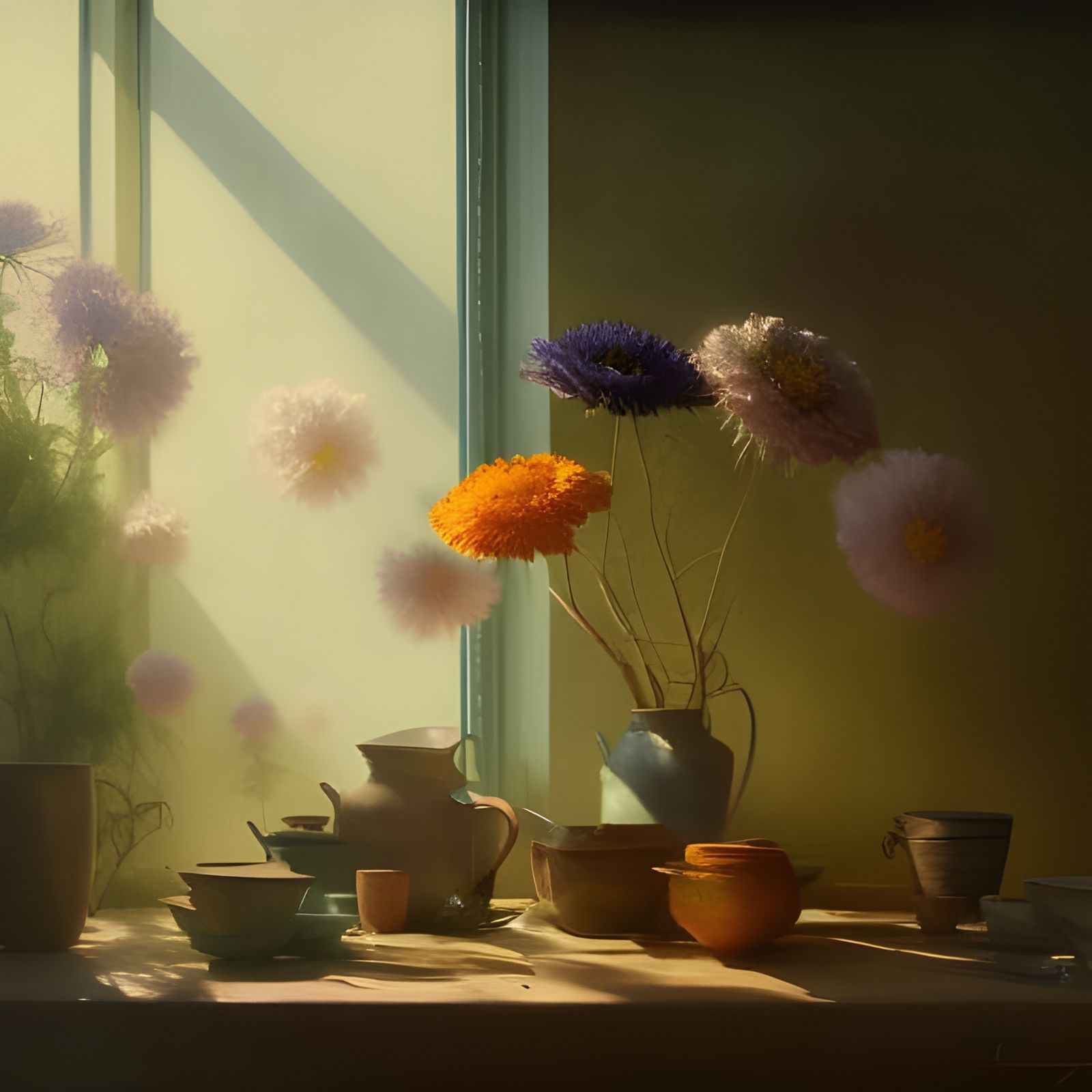 Radiant Dry Flowers by Window: Hyperrealist Painting