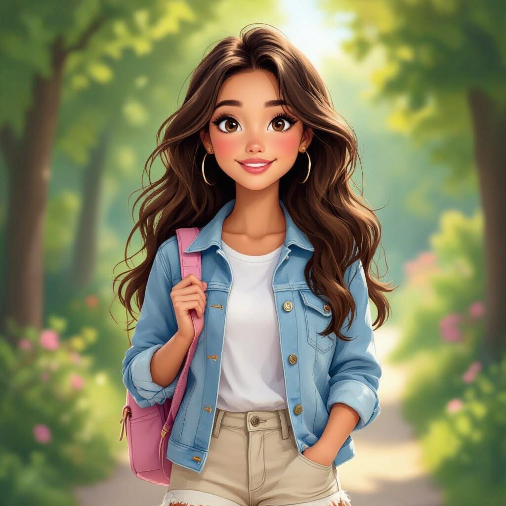 Cartoon Woman Smiling in Sunny Children's Book Illustration