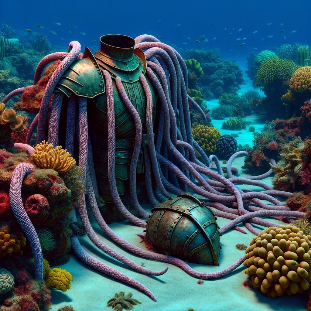 Surreal Underwater Scene with Tentacles and Medieval Armor