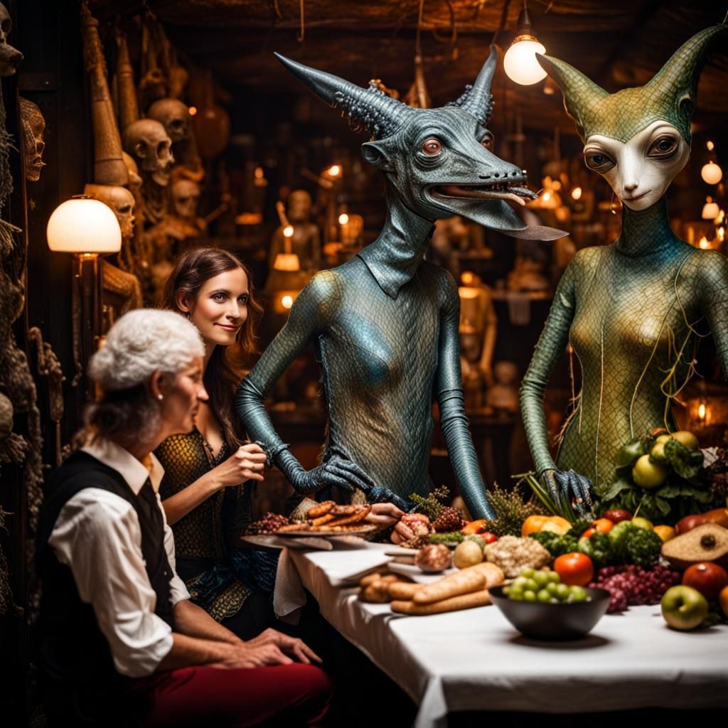 Surreal Alien Restaurant Celebration in Hyper-Realistic Phot...
