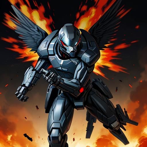 Flying Tech Suit Figure Amidst Fire