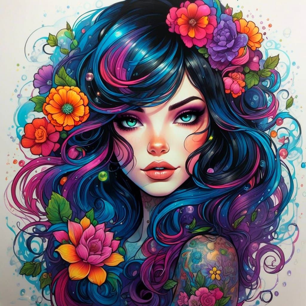 Psychedelic Flowercore Fairy Portrait Tattoo Design